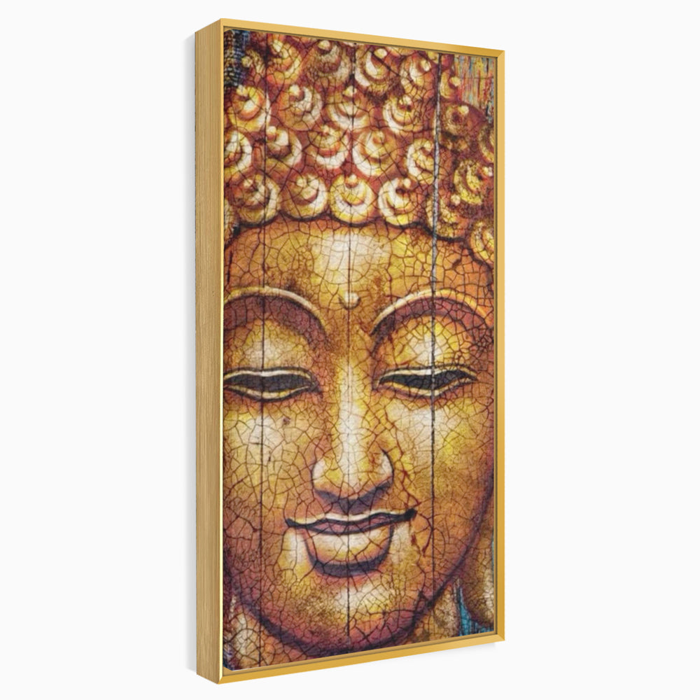 Tablou canvas cu tablou canvas cu chipul lui buddha, in rama de aluminiu auriu